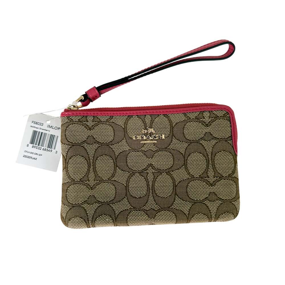 New Coach Corner Zip Wristlet in Outline Signature Canvas Khaki Strawberry